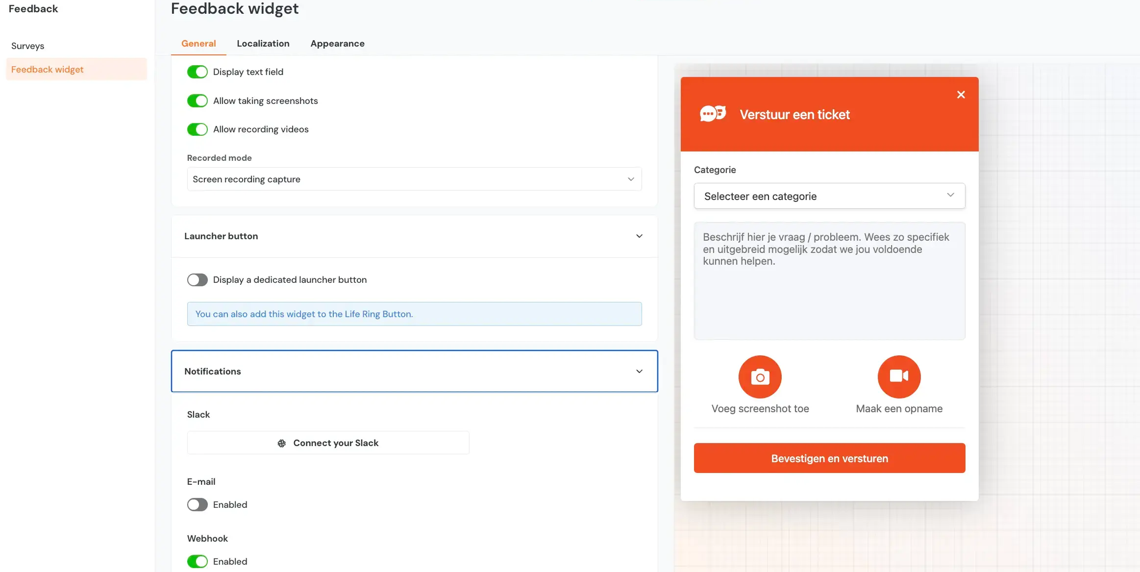 Feedback widget configuration in Product Fruits